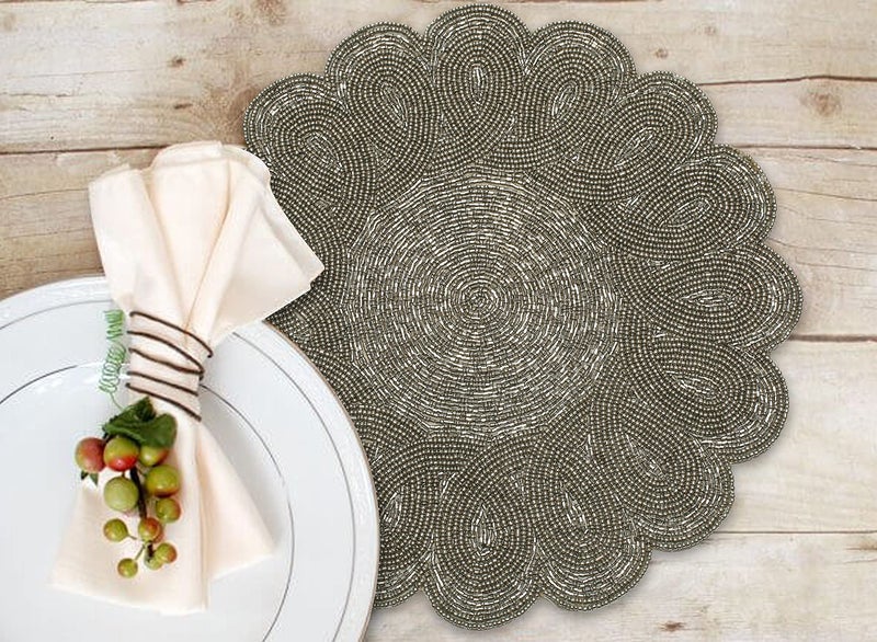 Light & Pro Lightnrpo Round Scalloped Beaded Charger Placemats - Handmade Decorative Table Placemats for Dining Table, Holiday, Wedding, Party, Kitchen & Home DÃ©cor - Handcrafted by Artisans - 13 Inch Gunmetal - Image 2
